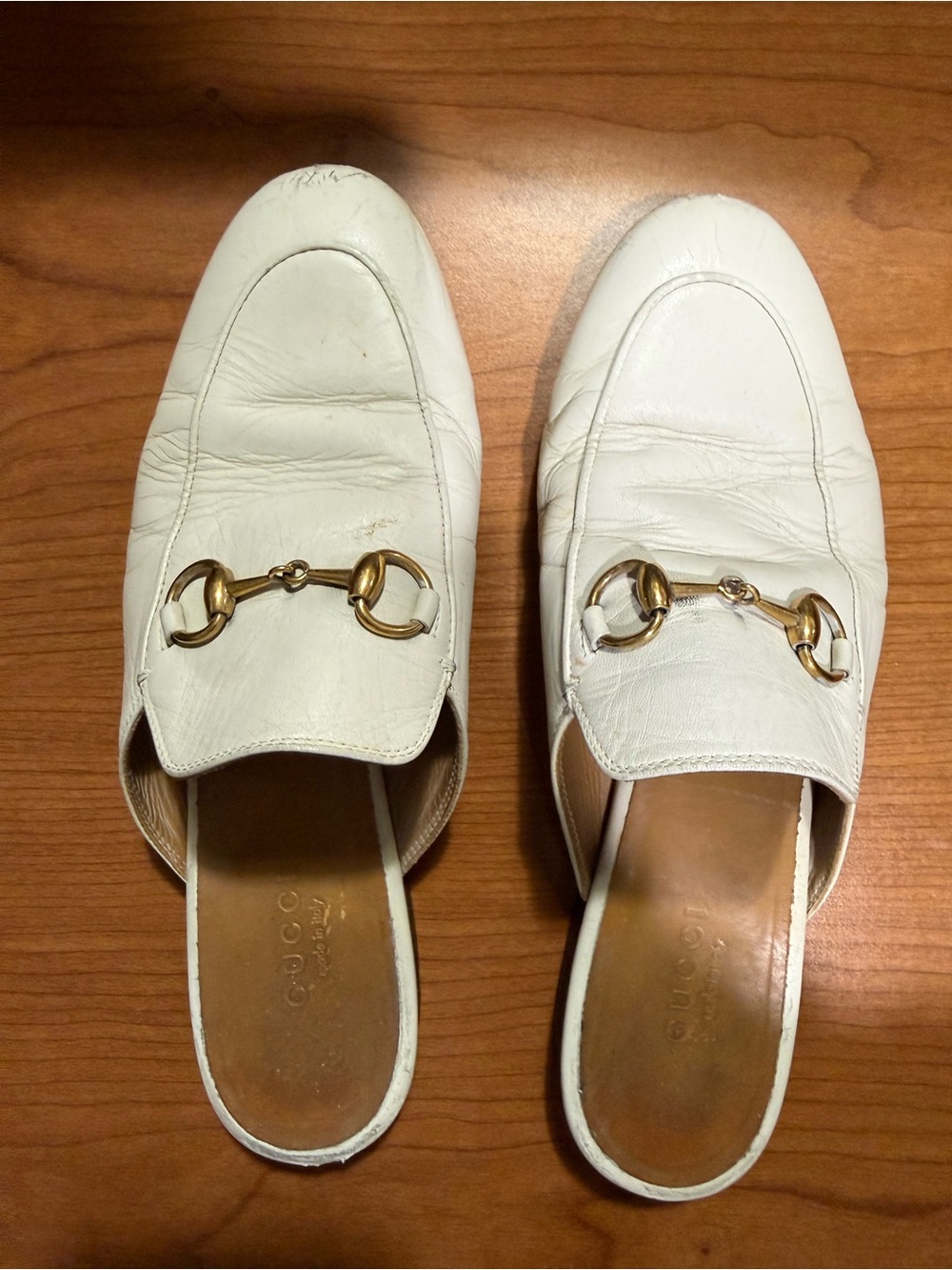 Gucci White Leather Horsebit Slip-On Mules